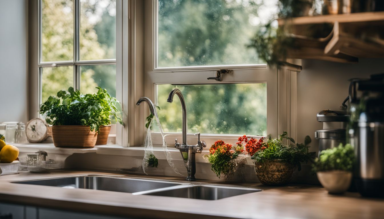 A kitchen sink with a garden view.