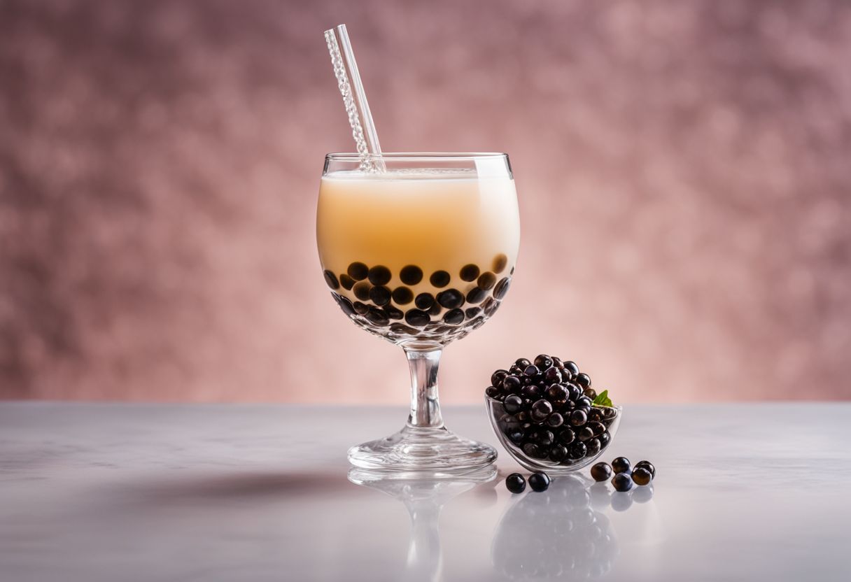 A photo of mini crystal boba pearls in a glass of bubble tea.