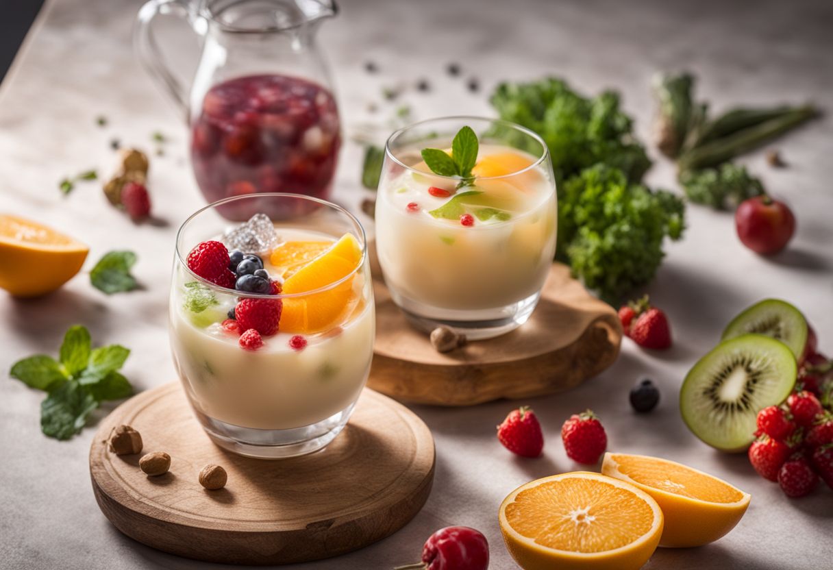 A glass of agar boba surrounded by colorful low-carb fruits and vegetables.