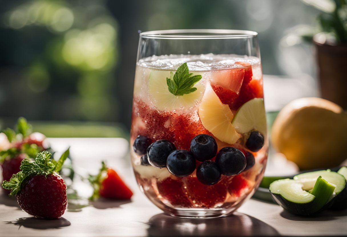A photo of a glass of crystal boba surrounded by fresh fruits and vegetables.