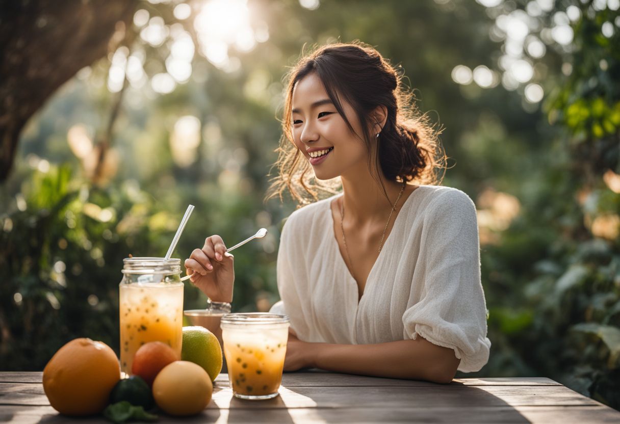 A young woman enjoying a refreshing glass of boba tea amidst fresh fruits and vegetables.