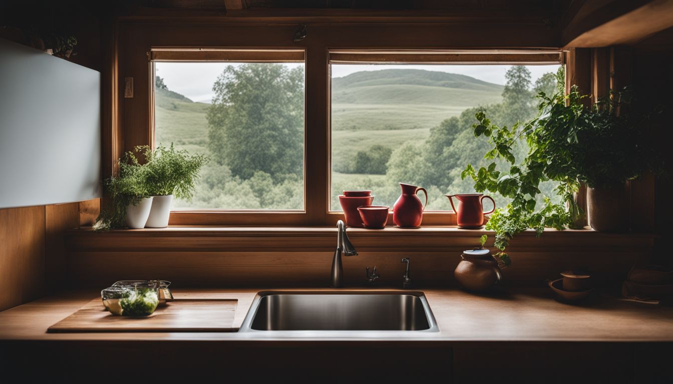 A perfectly aligned kitchen sink centered under a beautifully framed window.