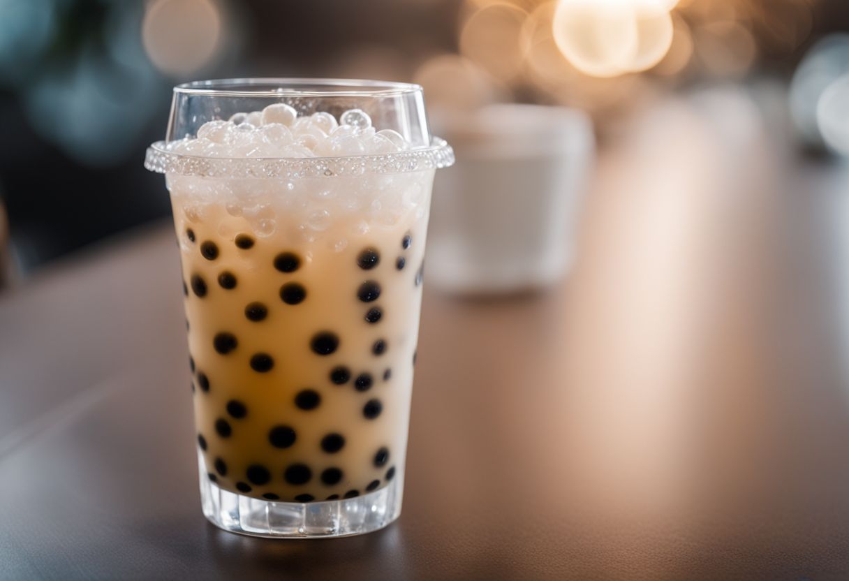 A detailed close-up of a cup of bubble tea with tapioca pearls and crystal boba.