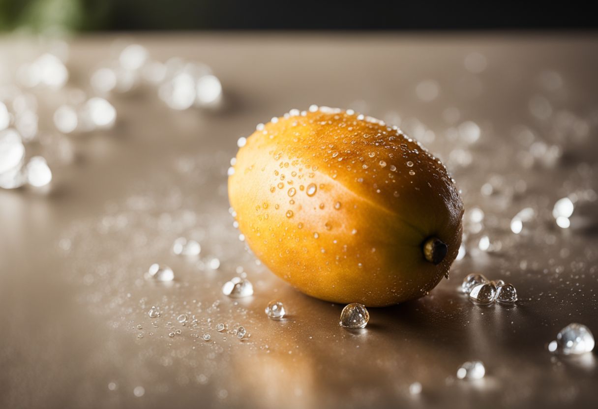 A close-up photo of a ripe mango with droplets of water.