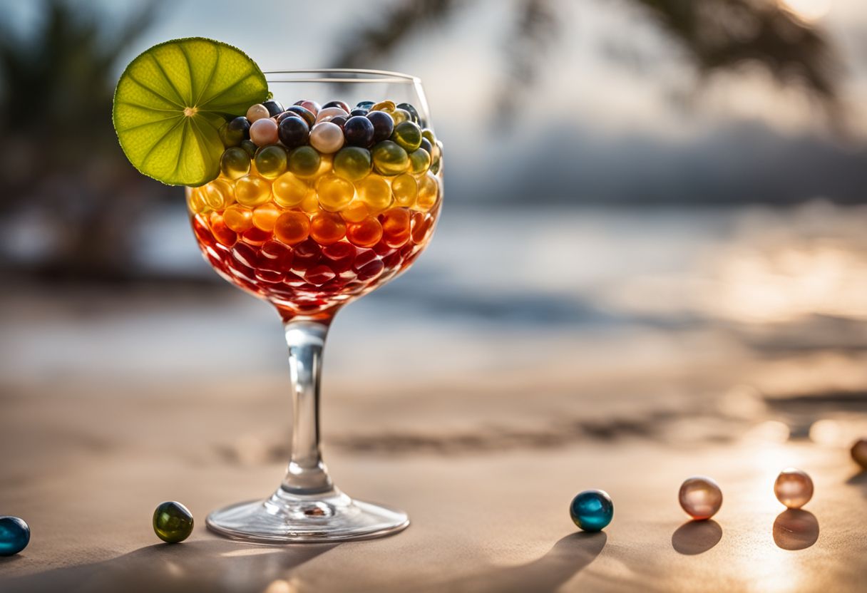 A photo of colorful boba pearls served with a tropical backdrop.
