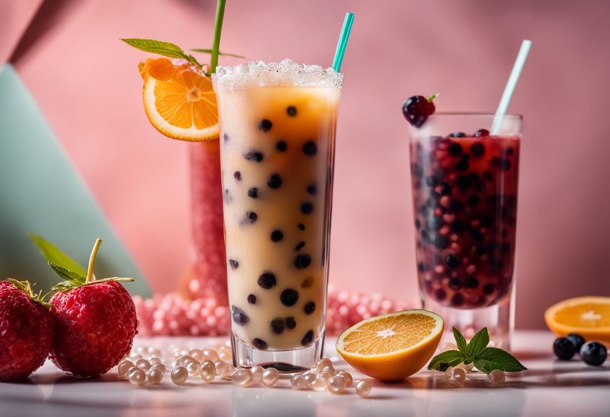 A vibrant and delicious glass of boba tea surrounded by toppings.