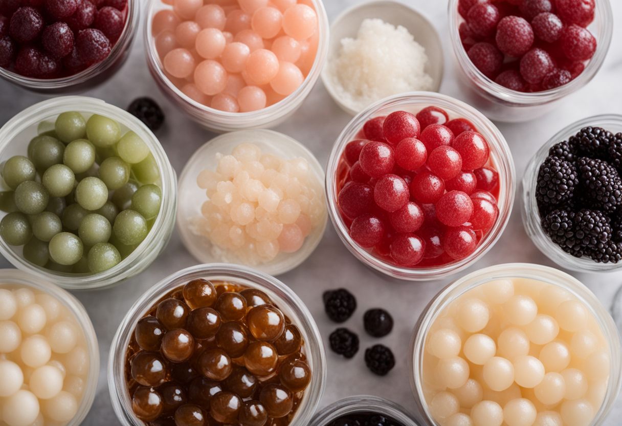 A close-up shot of various boba toppings in a bustling atmosphere.
