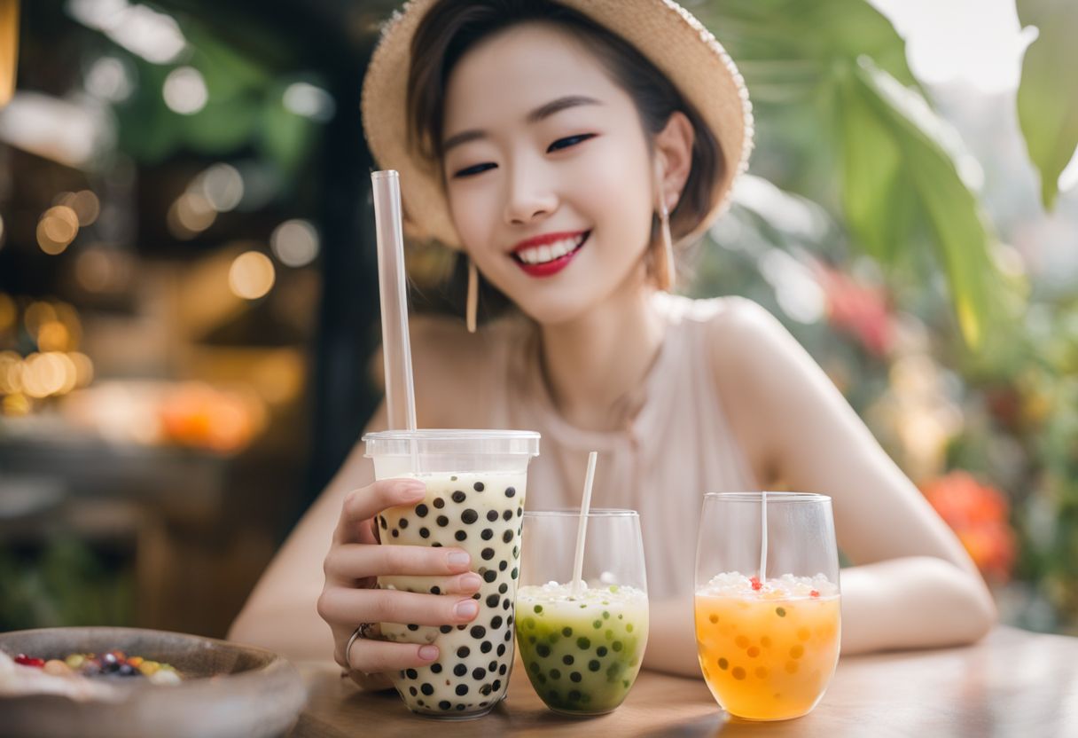 A vibrant glass of bubble tea surrounded by tropical fruits.
