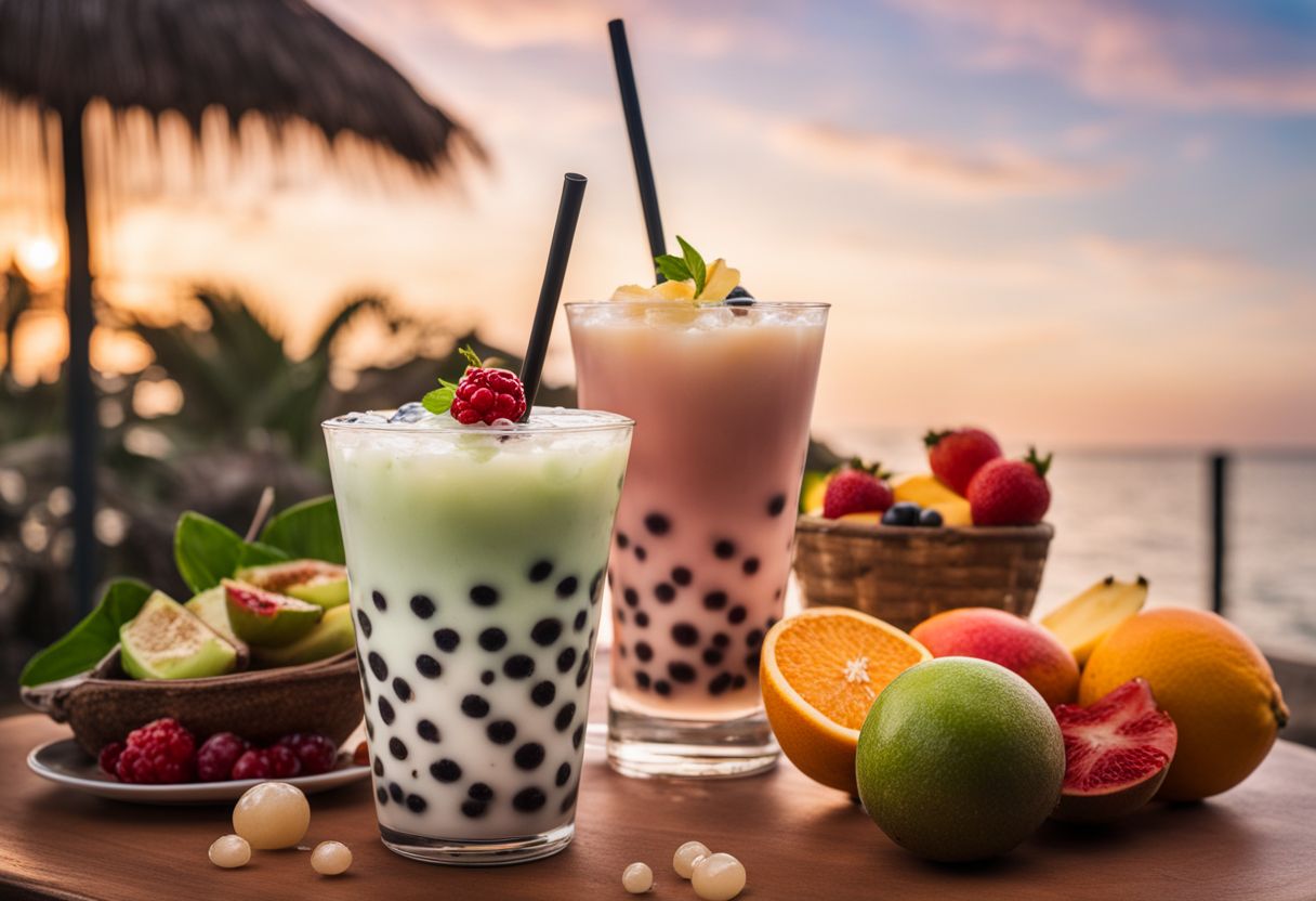 A colorful boba tea surrounded by fresh fruits in a tropical setting.