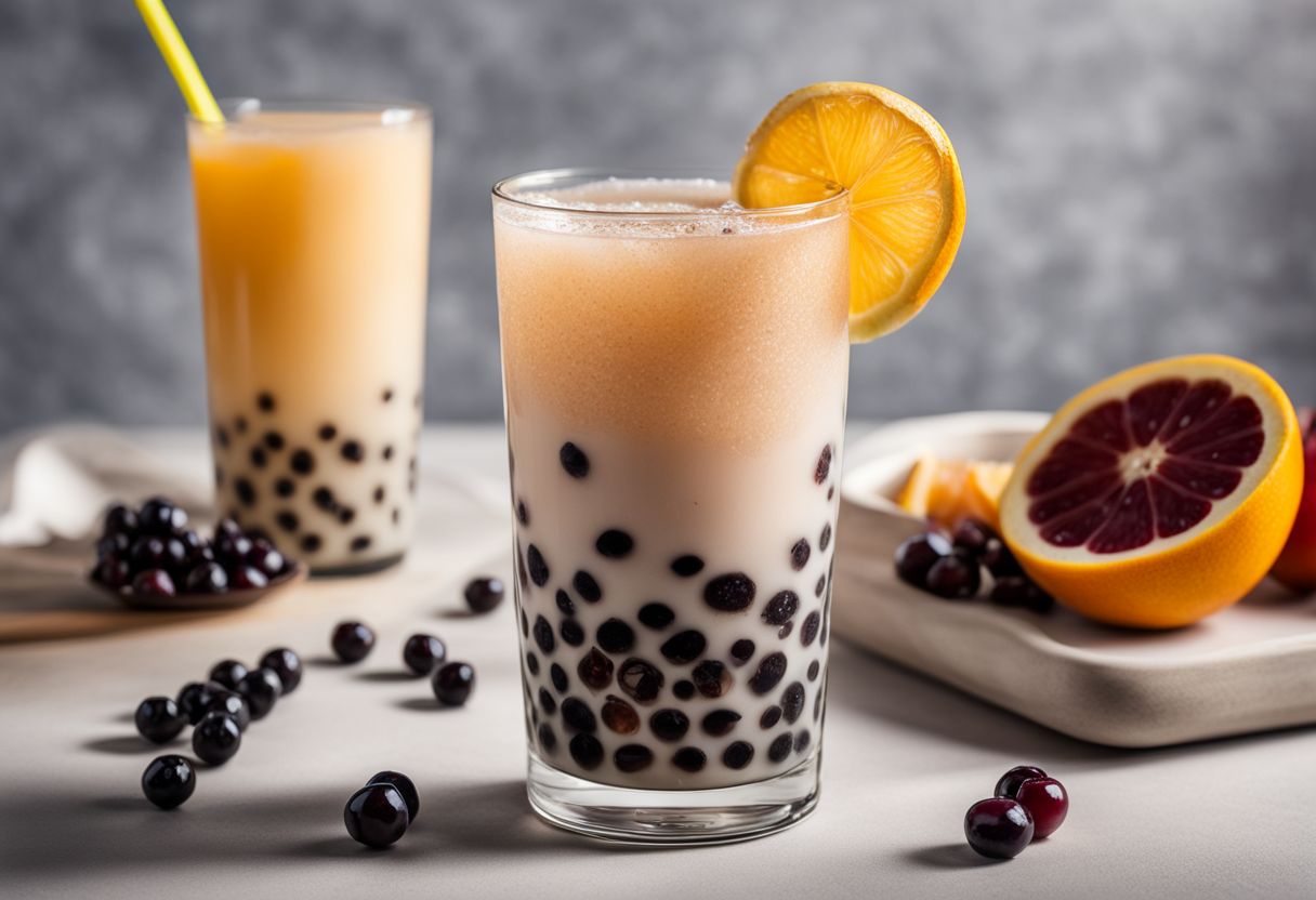 A photo of a refreshing glass of boba tea with colorful pearls and fruit.