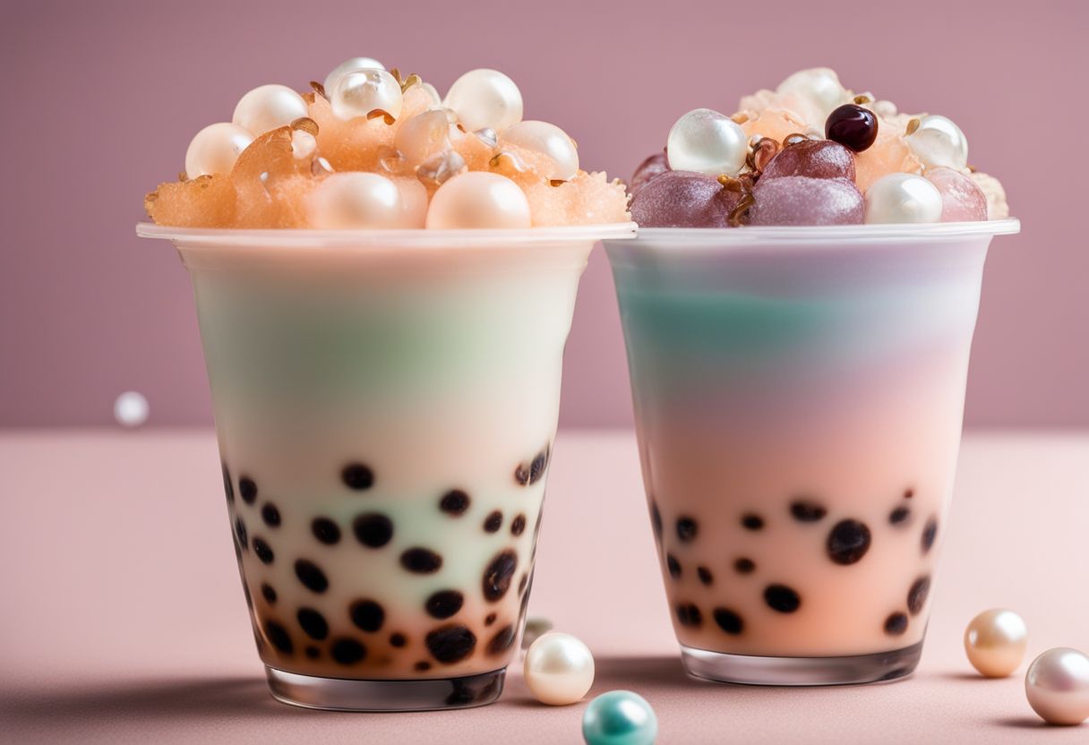 A hand holding a colorful cup of boba tea with various toppings.