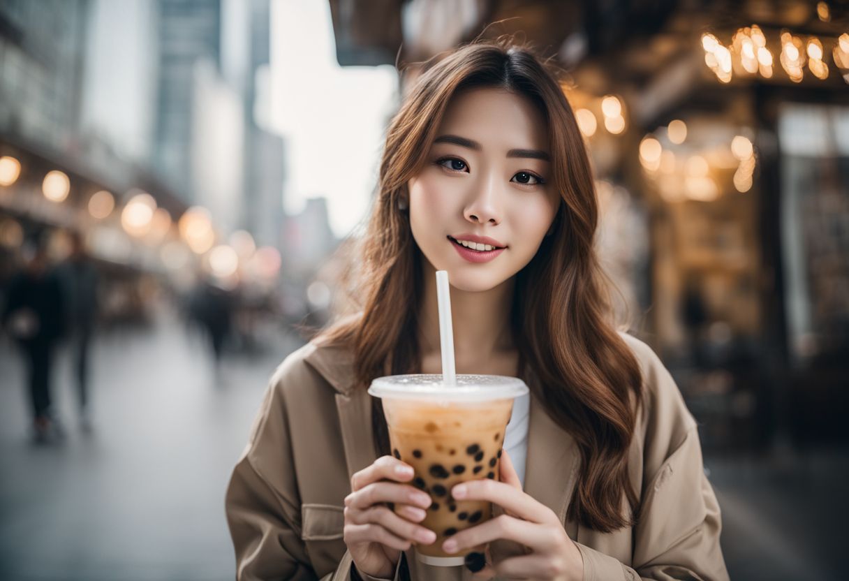 A young woman enjoys bubble tea in a bustling cityscape.