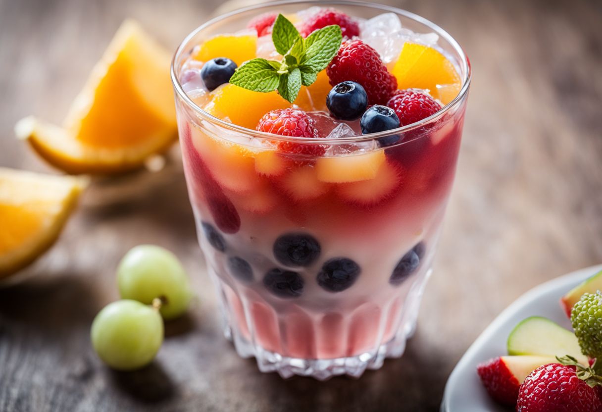 A close-up of a colorful cup filled with crystal boba and fresh fruit slices.