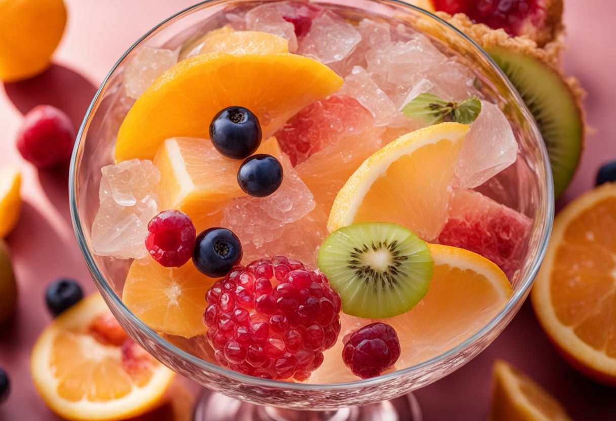 A glass filled with colorful crystal boba surrounded by vibrant fruit slices.