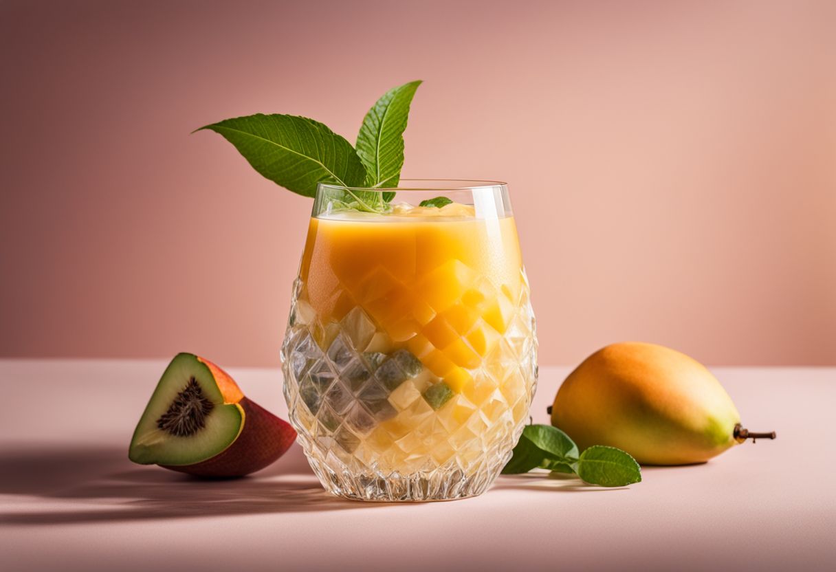 A vibrant photo of a overflowing glass of crystal mango boba.