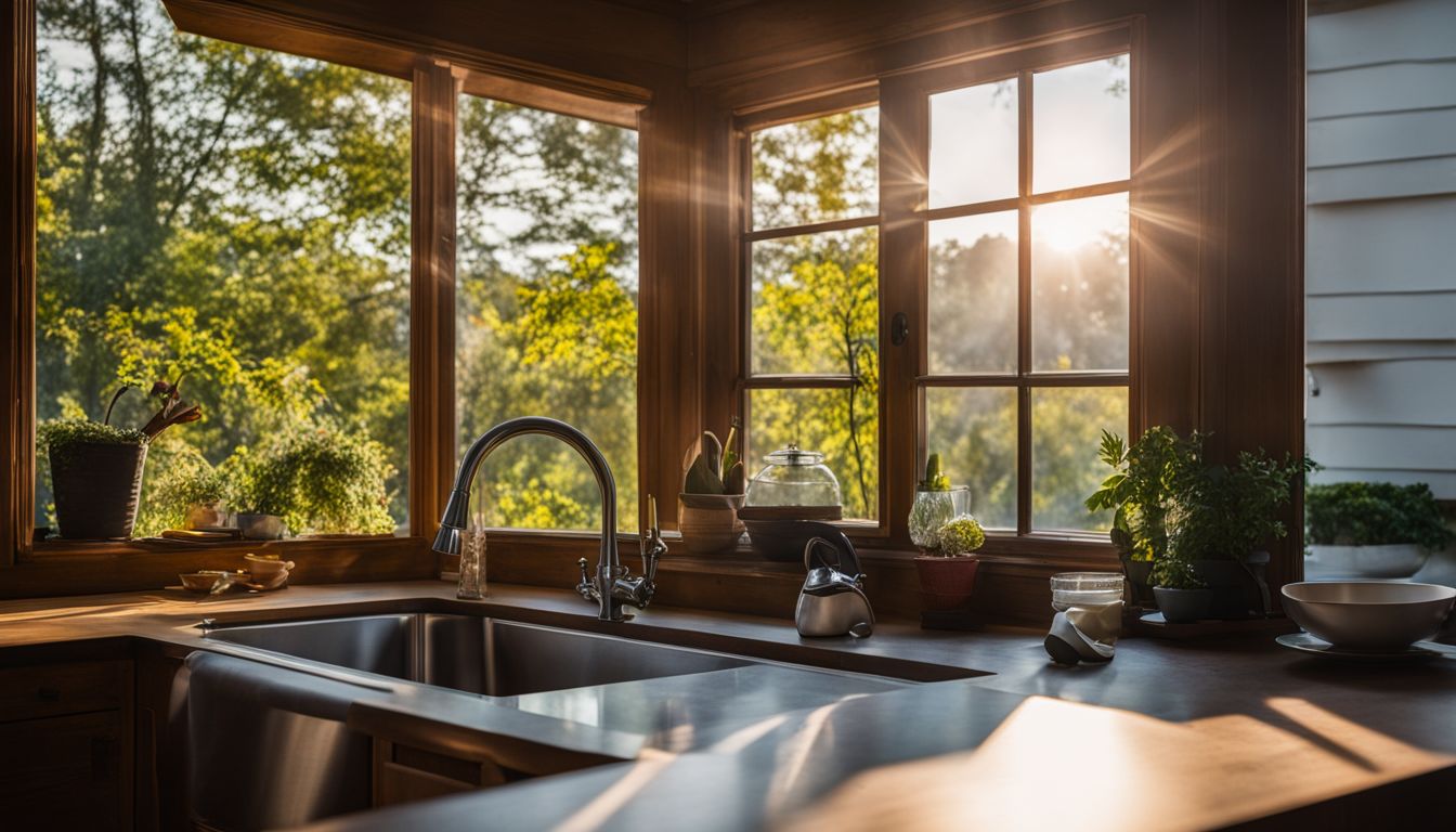 An open casement window above a kitchen sink with natural lighting.