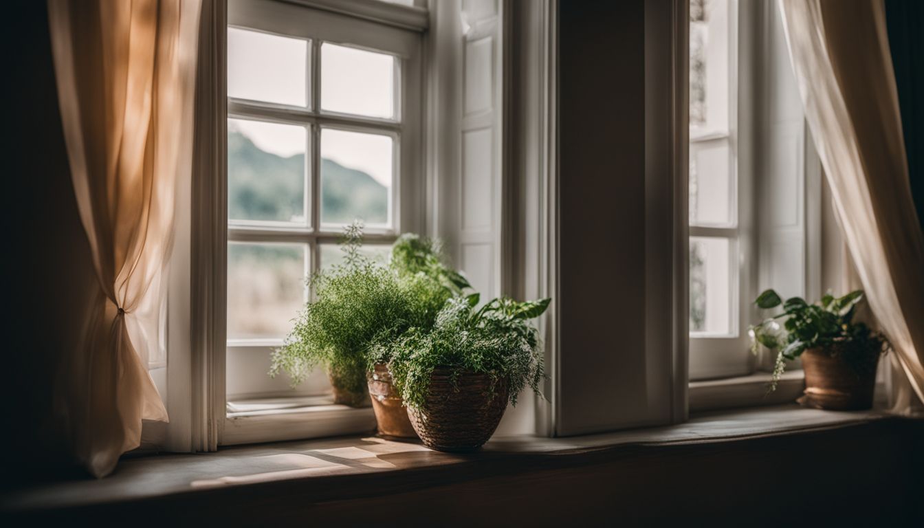 A beautifully decorated window with plants and curtains, capturing nature indoors.