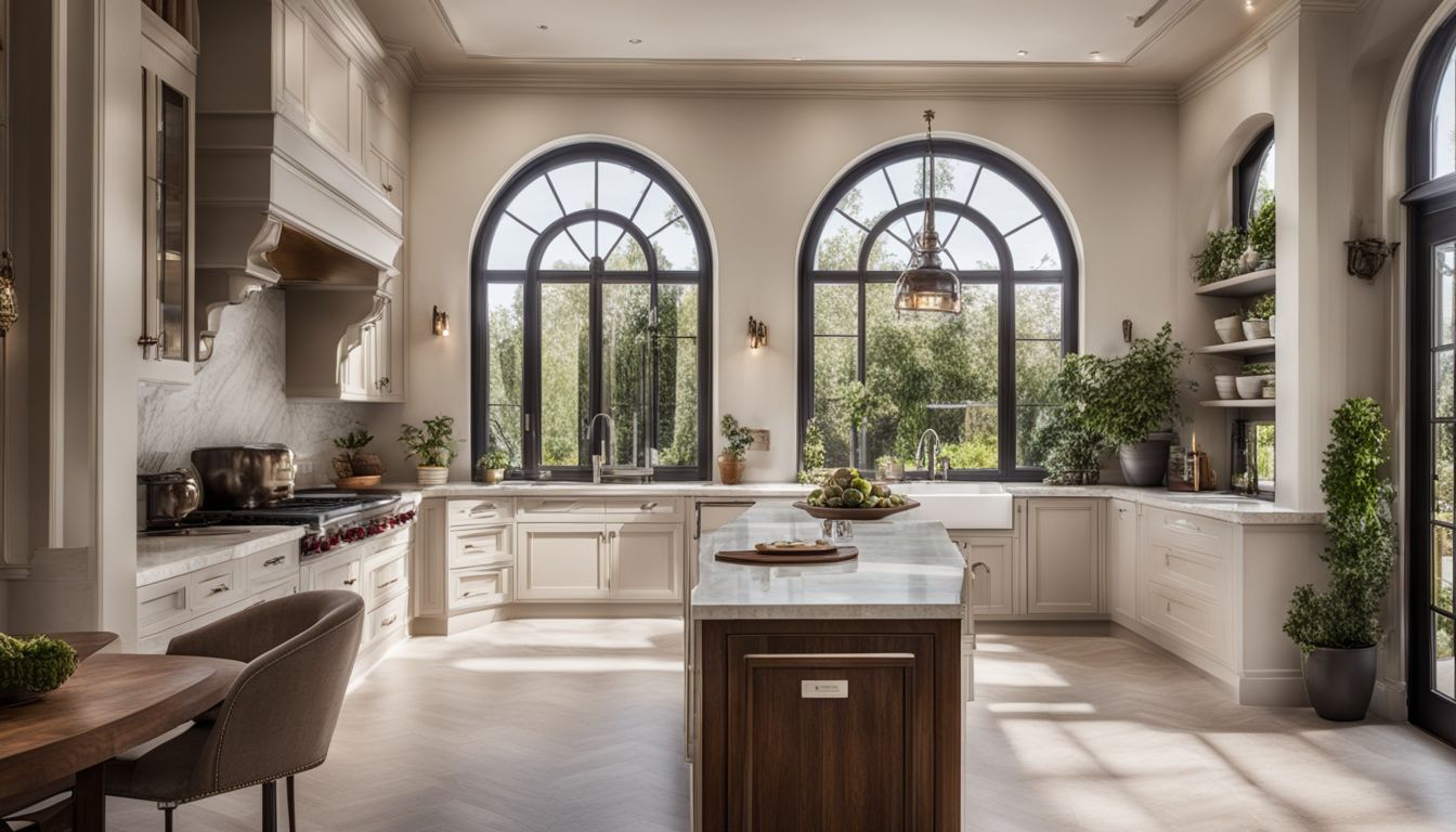 A beautifully designed kitchen with arch windows showcasing luxury and elegance.