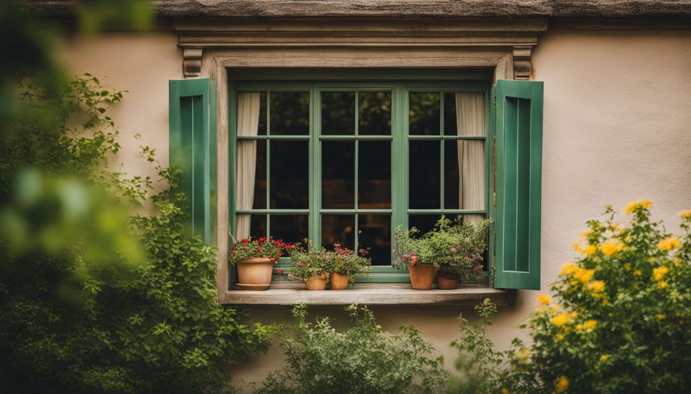 A vintage-styled awning window surrounded by a lush garden in full bloom.