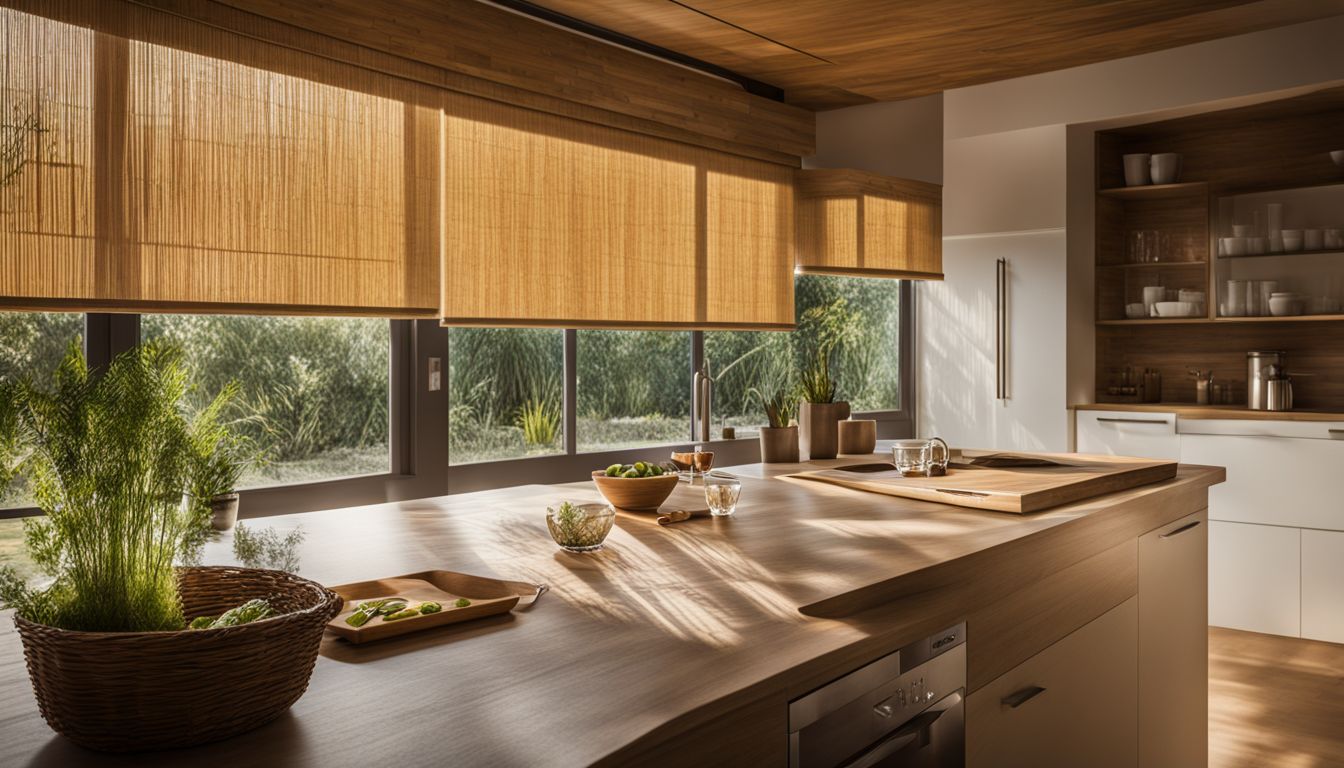 A photo of bamboo roller blinds showcasing a sunlit kitchen window.