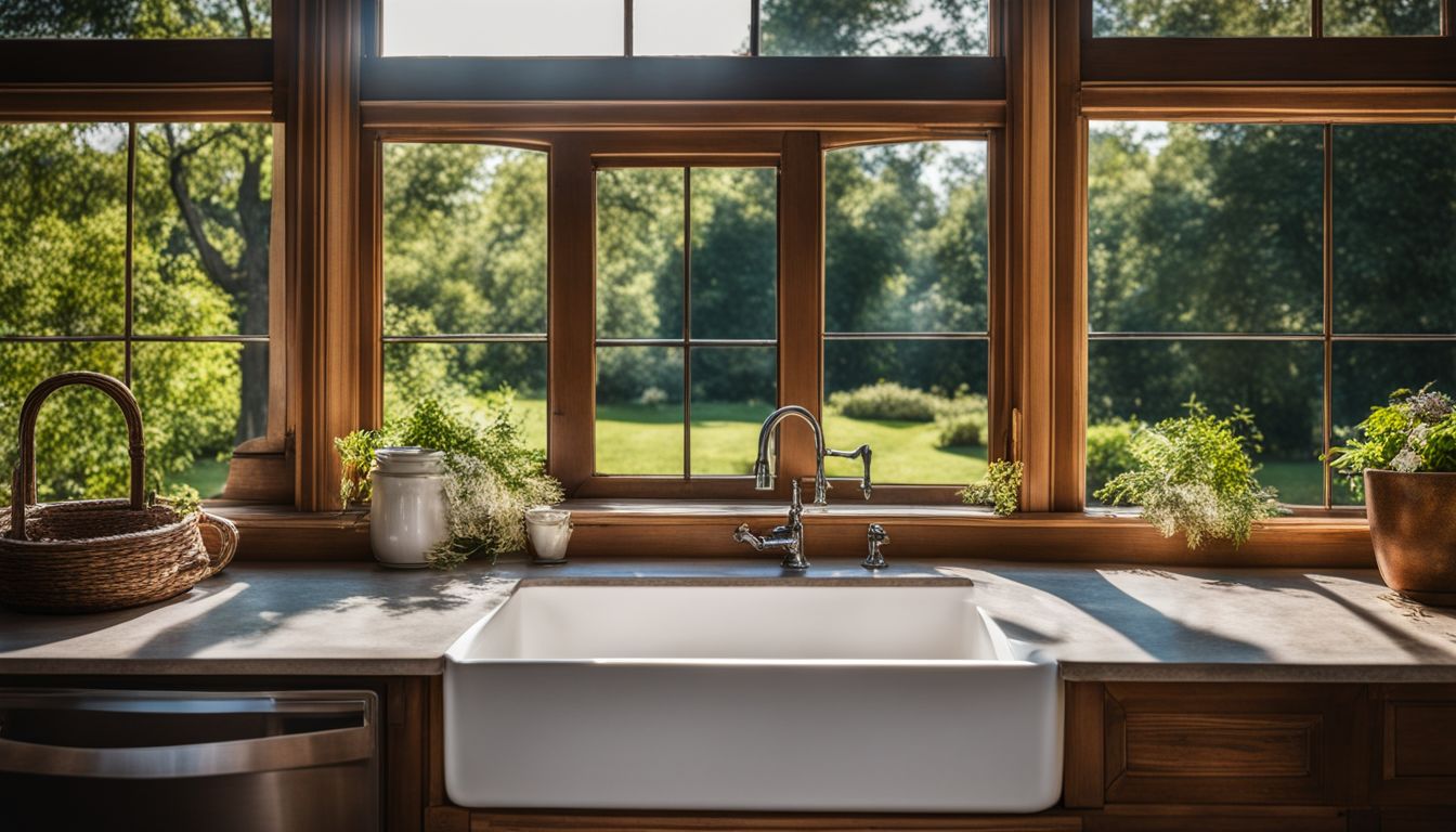 An idyllic farmhouse sink with a garden view through a bay window.