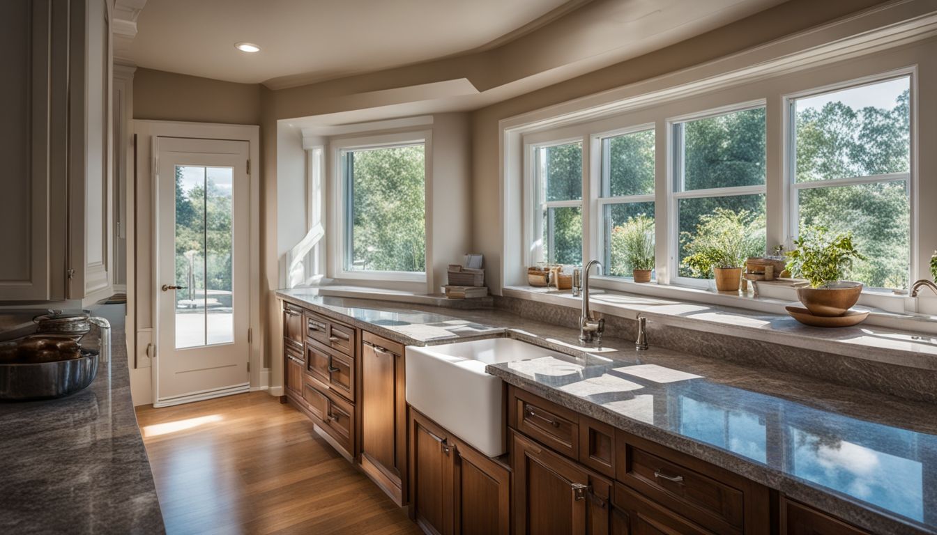A photo of Casement windows overlooking a granite countertop sink.