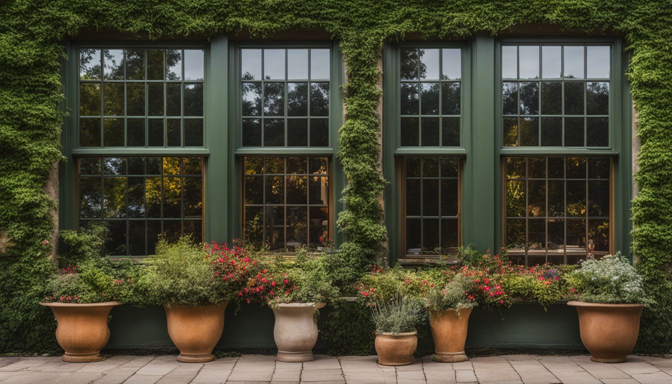 A vibrant window planter overlooks a lush garden through Casement windows.