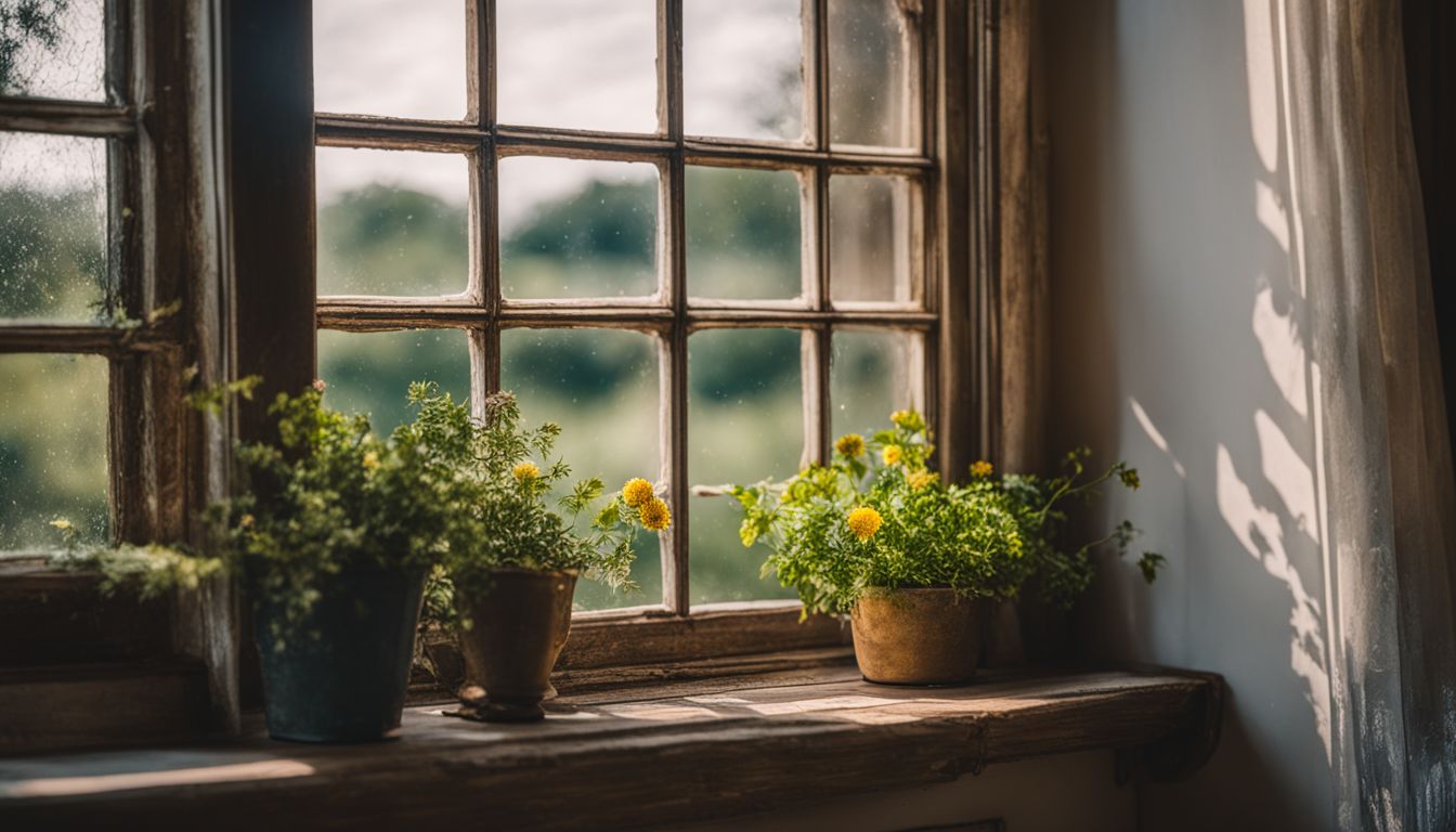 A photo of vintage trim on a rustic window overlooking a scenic garden.