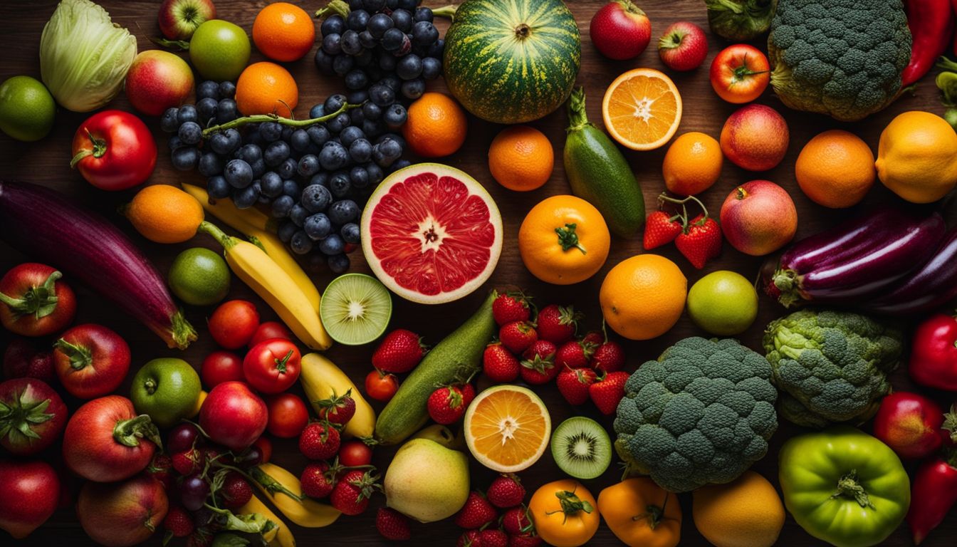 une photo d'un assortiment coloré de fruits et légumes disposés de manière artistique.