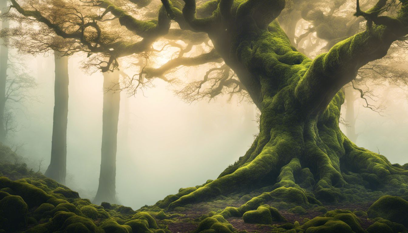 A majestic tree in a misty forest covered in vibrant moss.