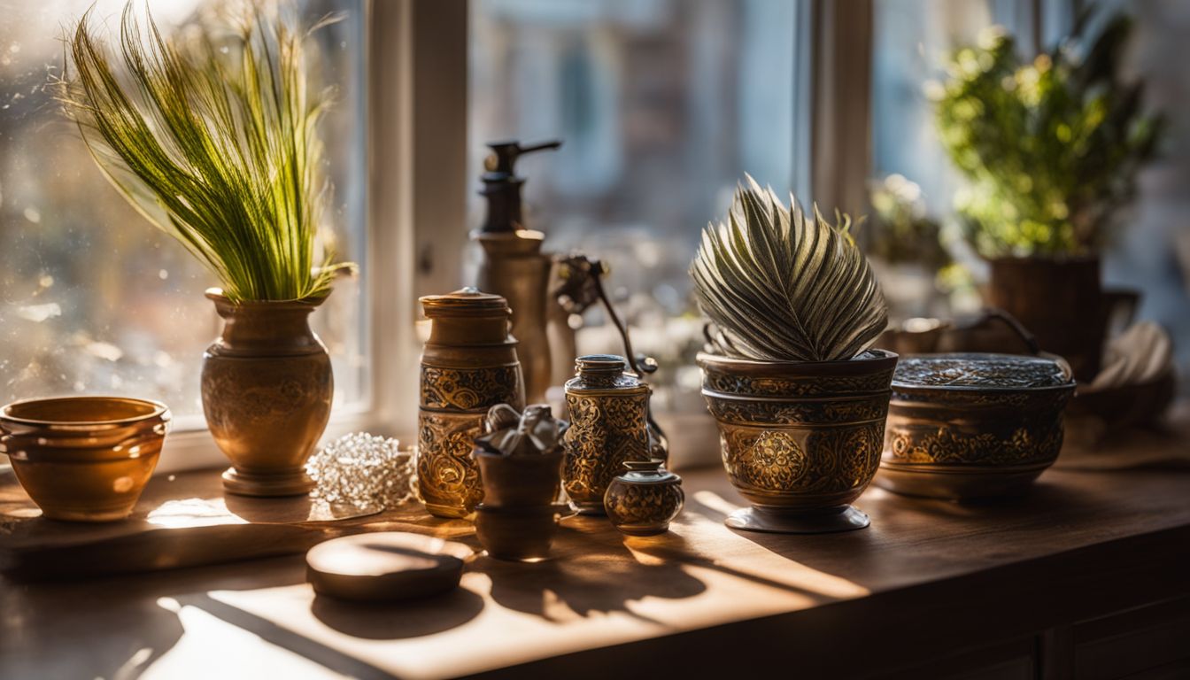 Decorative trinkets arranged on a sunlit kitchen window sill.