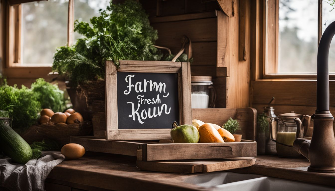 A wooden farmhouse sign with the words Farm Fresh above a rustic kitchen window.
