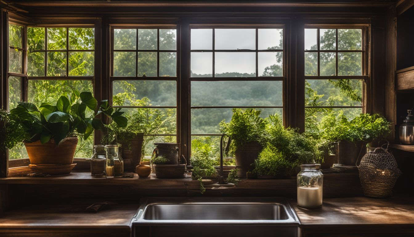 A farmhouse sink surrounded by lush greenery in a well-lit setting.