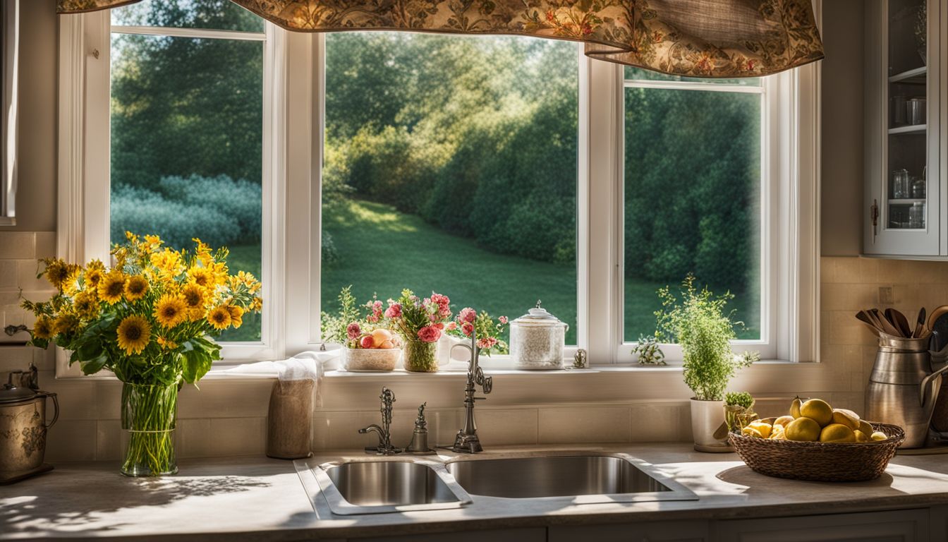 A sunlit kitchen with French country half curtains and a blooming garden view.