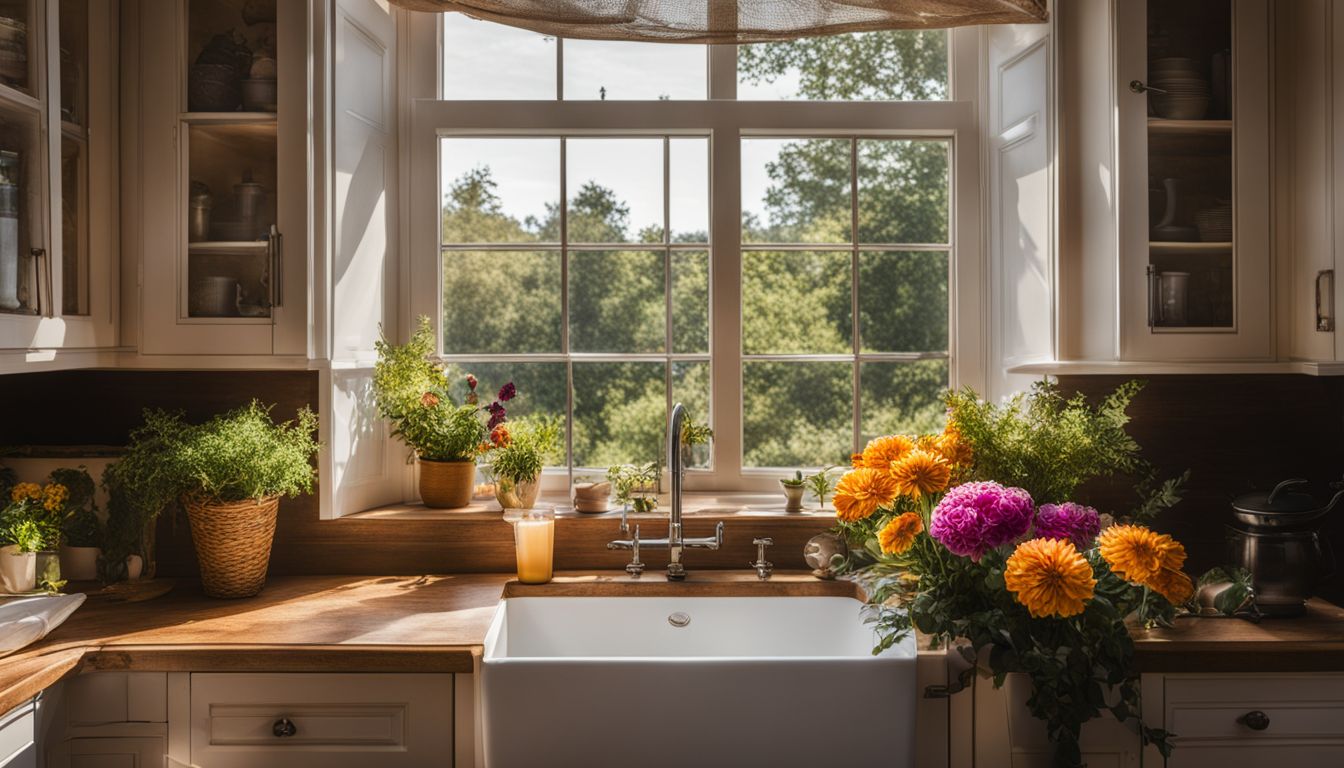 A vibrant kitchen scene with flowers and a bustling atmosphere.