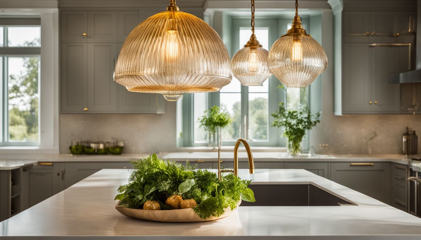 A stylish kitchen sink with pendant lighting above and a garden view.