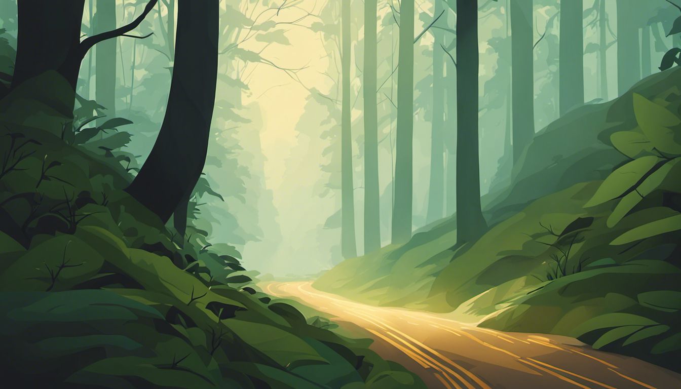 Mystical forest with a winding road and towering trees in flat design style.