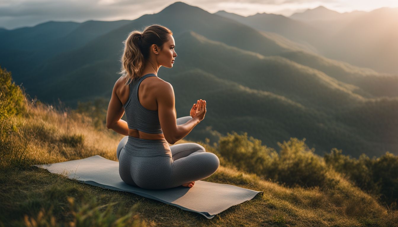 une femme pratique le yoga sur une montagne entourée de nature.