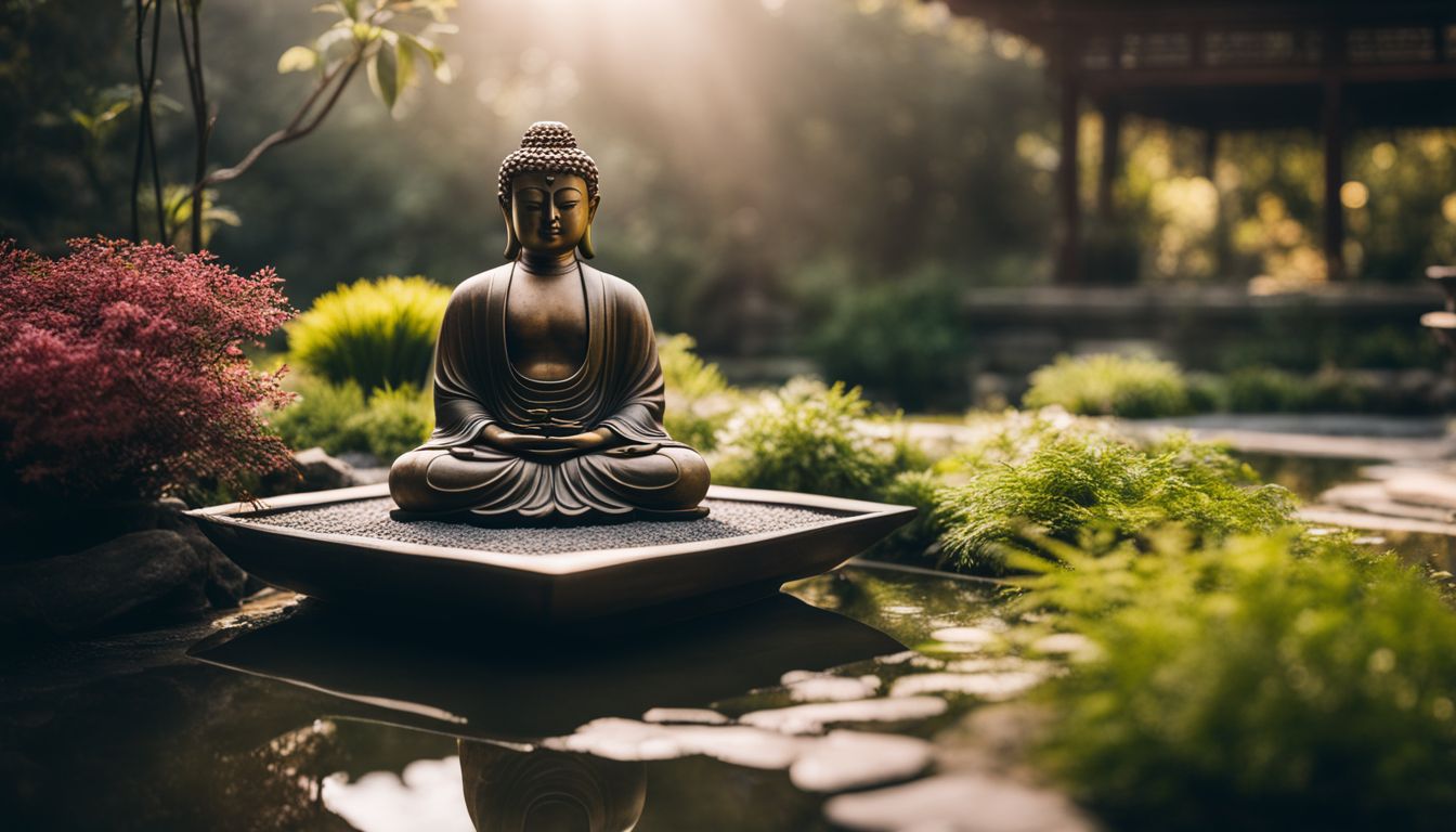 un jardin zen avec une statue de bouddha méditant.