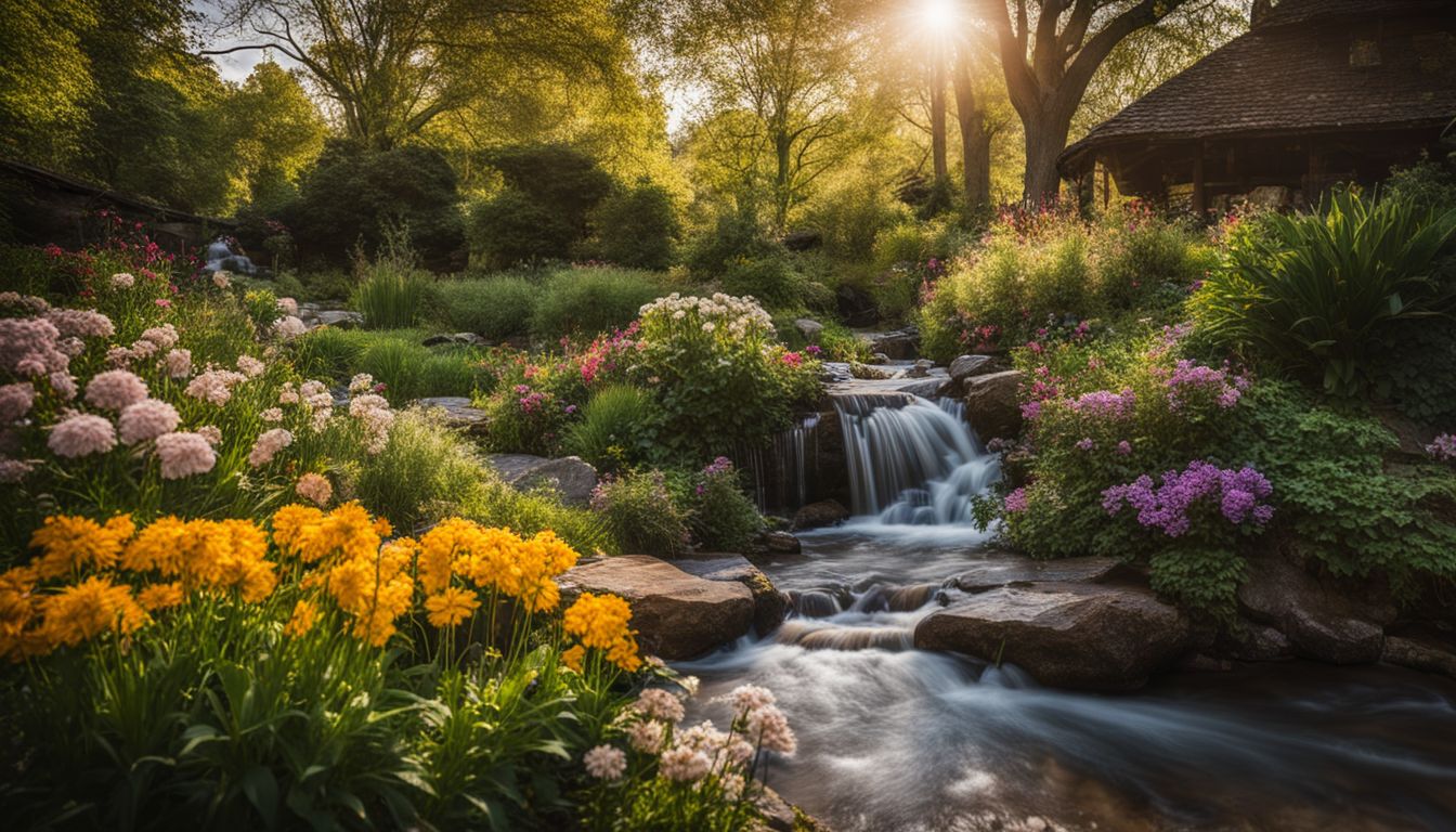 un jardin paisible rempli de fleurs et d'un ruisseau qui coule.