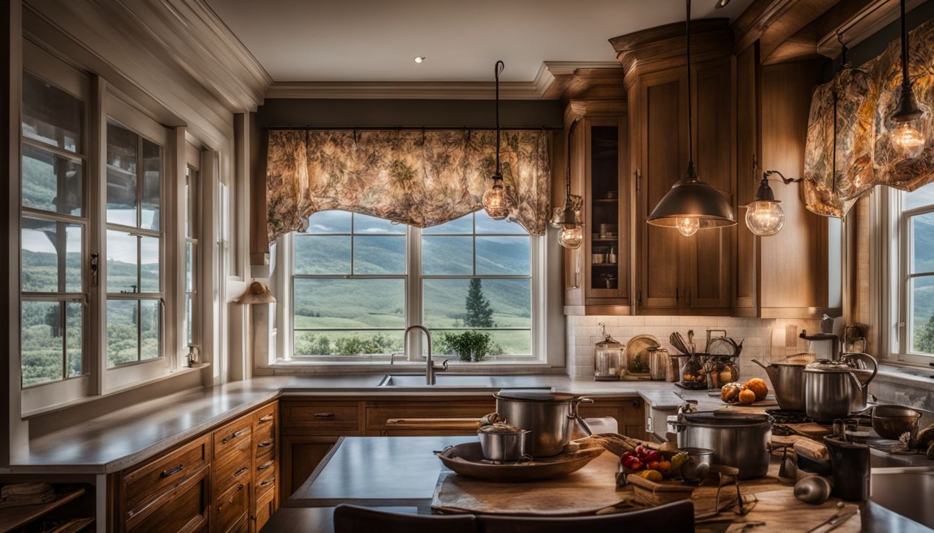 A vintage kitchen window with scenic view complemented by curtains and lighting.