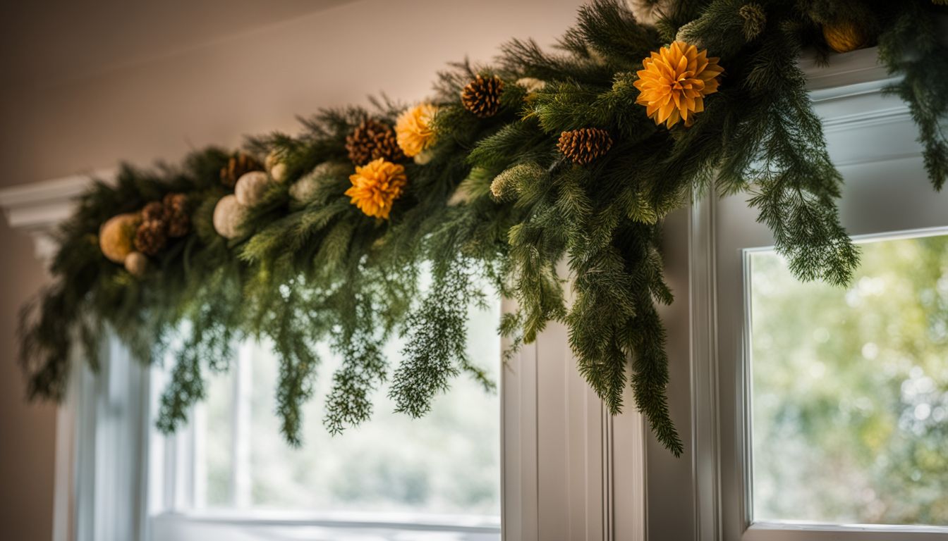 A photo of Lush garland decorating a kitchen window frame.