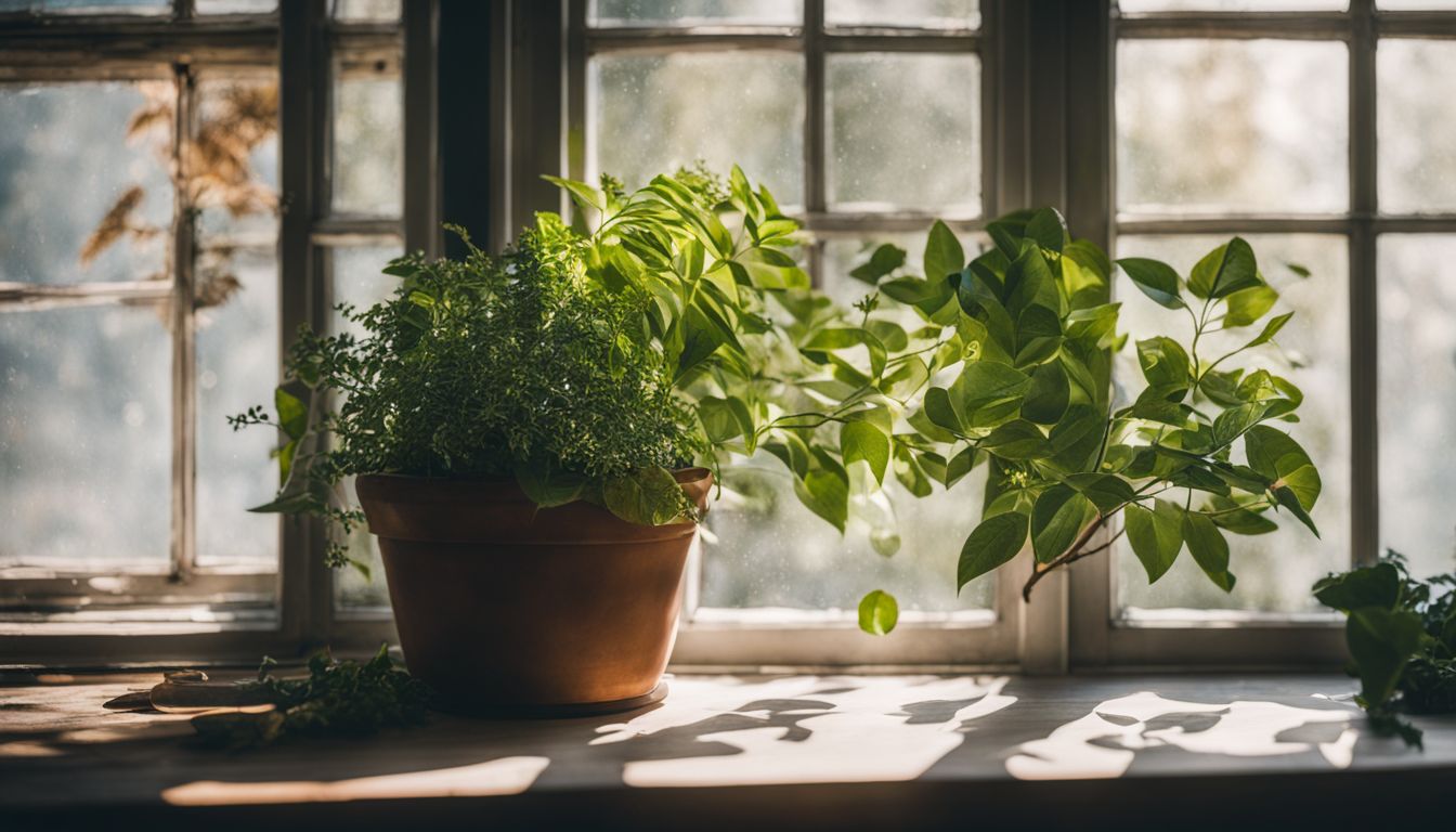 A thriving plant near double-hung windows in a bustling atmosphere.