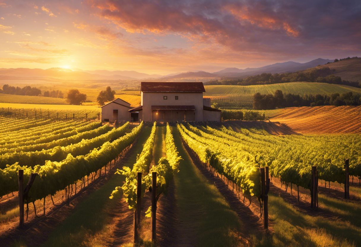 Een wijngaard bij zonsondergang met rijen druivenstokken en vaten tegen een rustieke houten muur.
