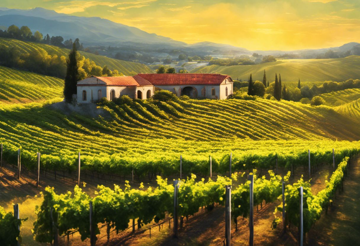 Een wijnmakerij met eindeloze rijen druivenranken badend in het gouden zonlicht.