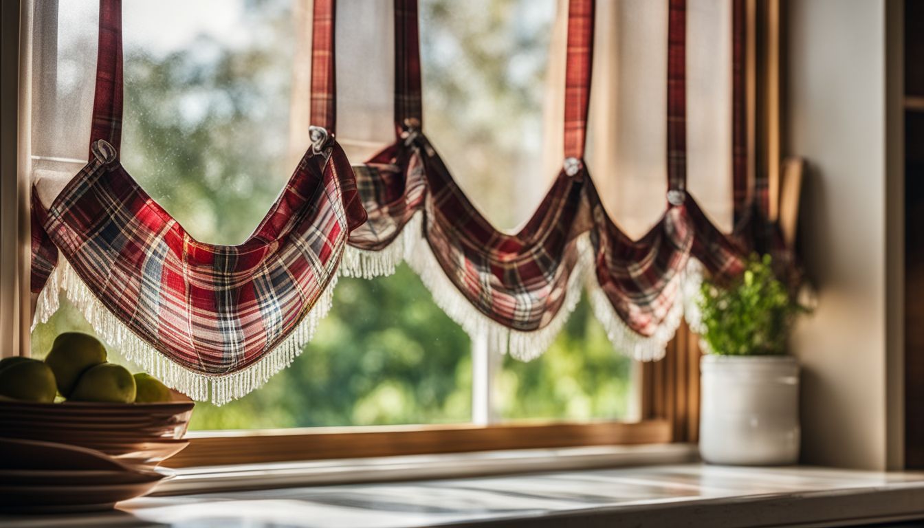 A close-up of plaid valances with ribbons hanging on a kitchen window.