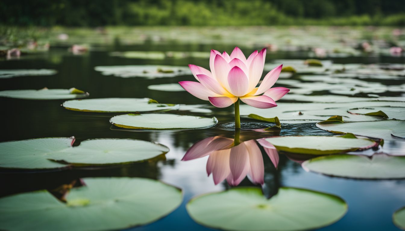une fleur de lotus flottant sur un lac calme dans un paysage verdoyant.