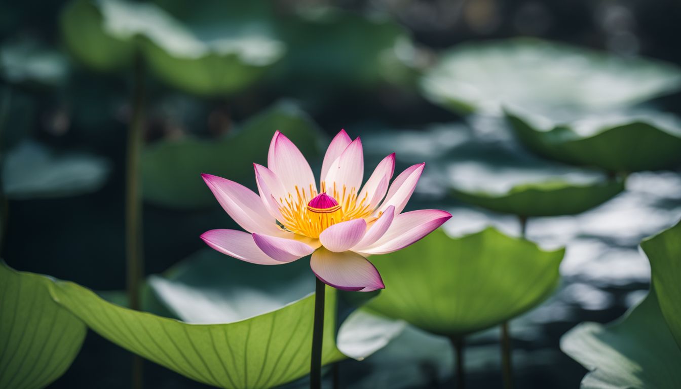 un lotus en fleur dans un jardin paisible et serein.