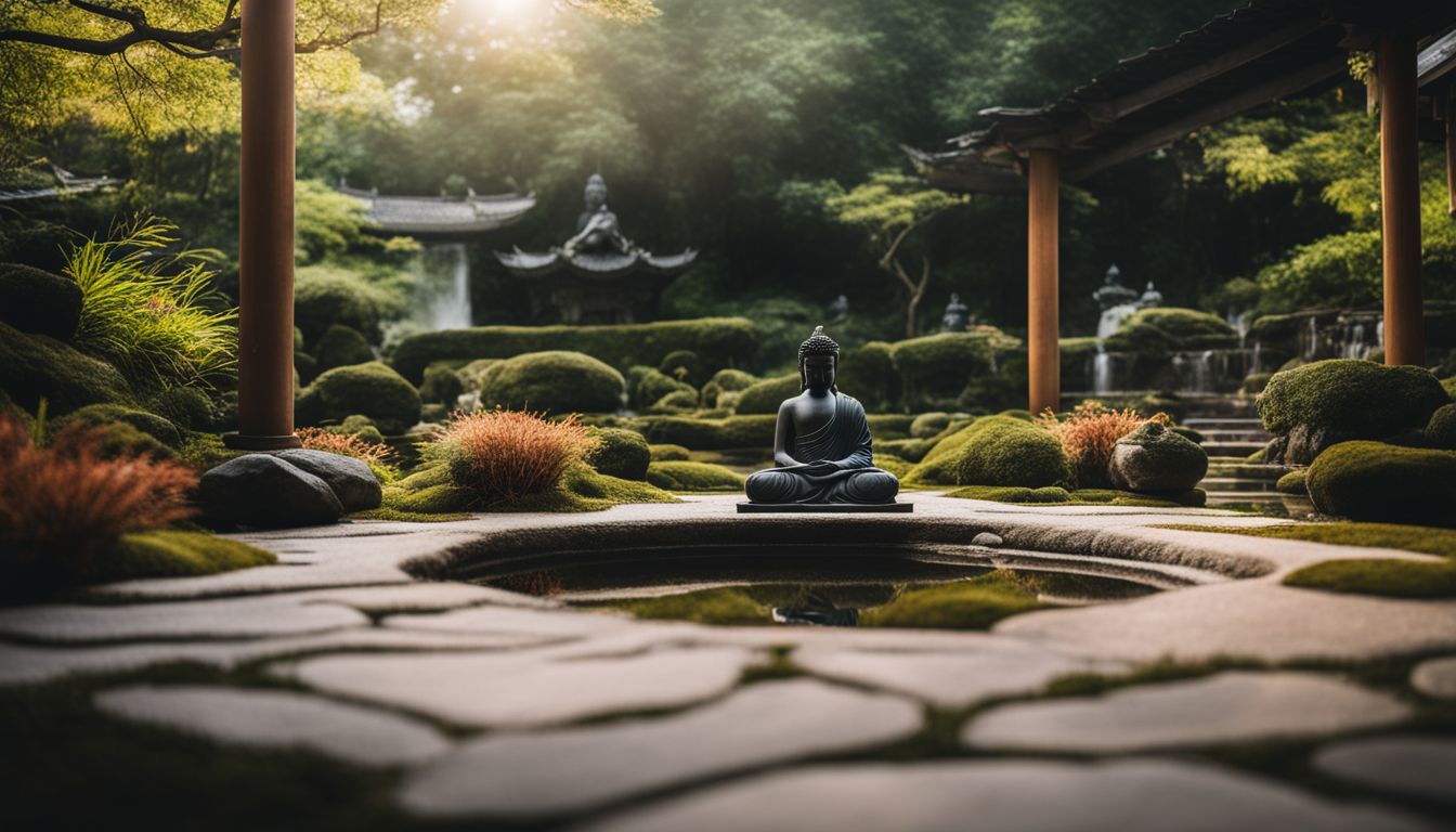 un jardin zen avec une statue de bouddha entouré de nature tranquille.