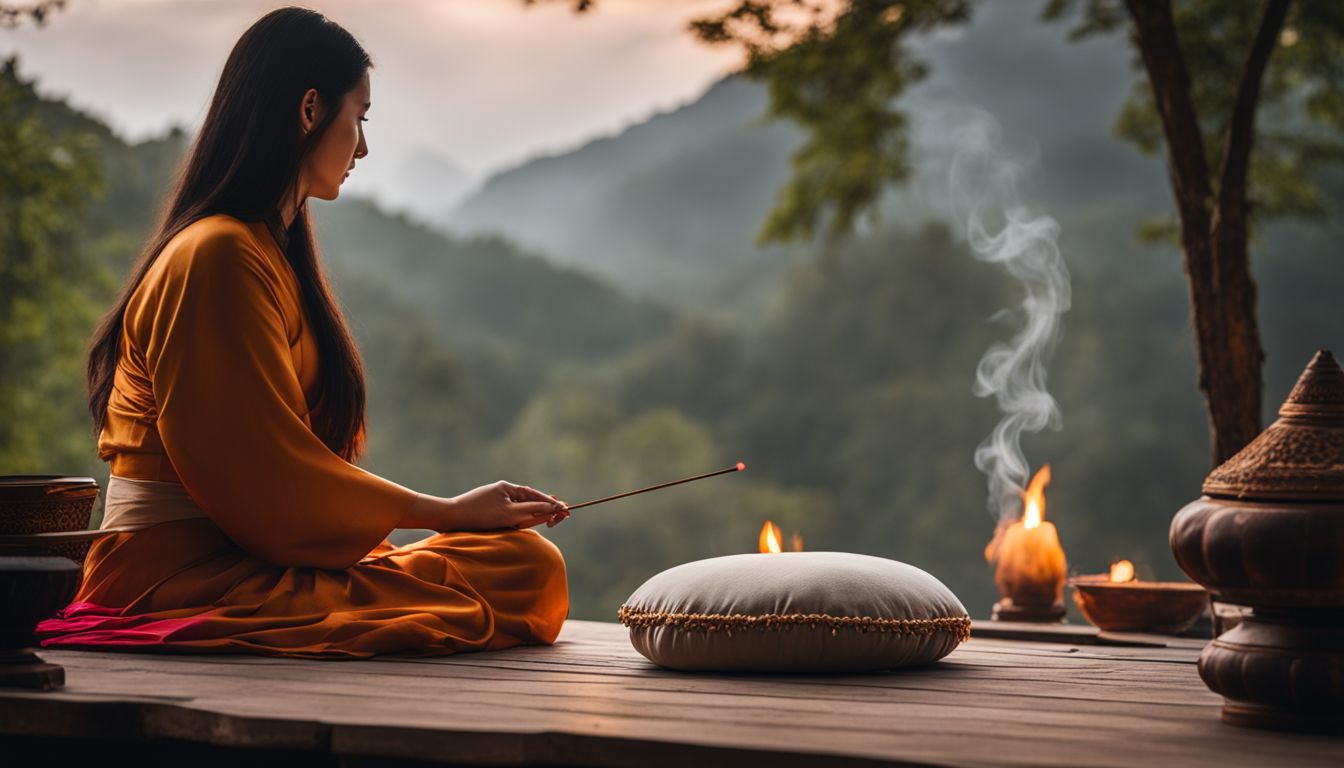 une photo d'un paysage calme avec un coussin de méditation et de l'encens brûlant.